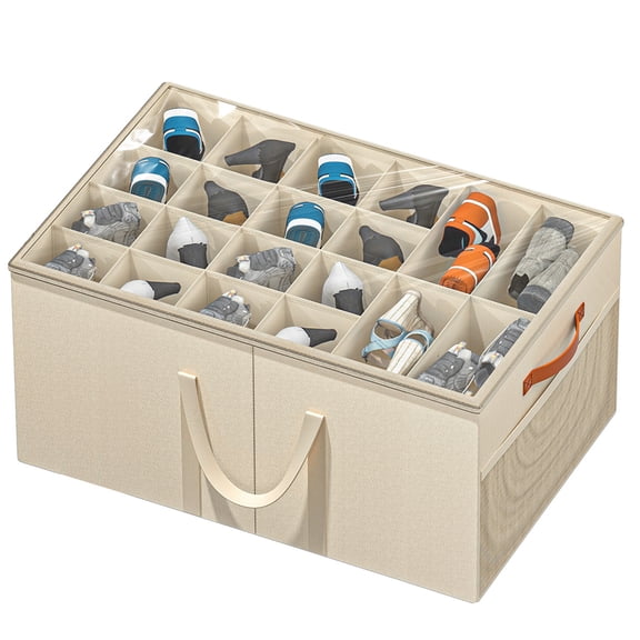 Aokeyee Shoes Shelf for Entryway Large Shoe Boxes Space Saving Foldable with Clear Cover Fits 20-24 Pairs Beige