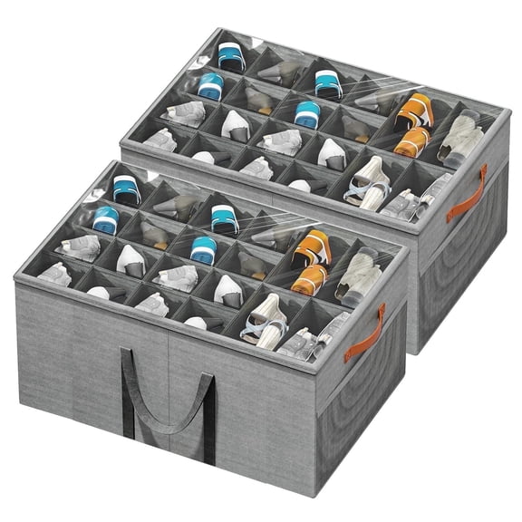 Aokeyee Shoes Organizers for Closet, 2 Pack Large Shoes Storage Bin Space Saving Foldable with Clear Cover, Fits 24-48 Pairs, Grey