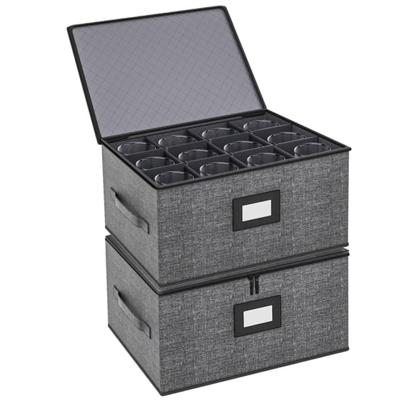 Aokeyee Wine Glass Storage Box Containers with Dividers 2 Pack Stemware Storage Cases for 24 Drinkware Hard Shell for Moving Protection Gray