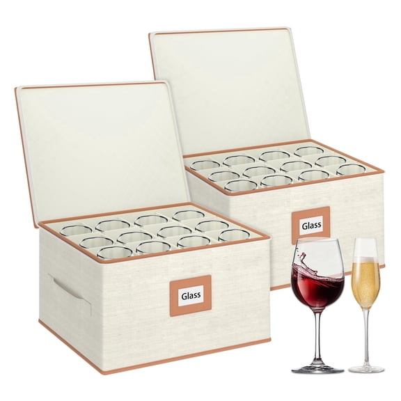 Aokeyee Wine Glass Storage Box Containers, 2 Pack Stemware Storage Cases for 24 Crystal Glasses, Drinkware, Hard Shell for Moving Protection (Ivory)