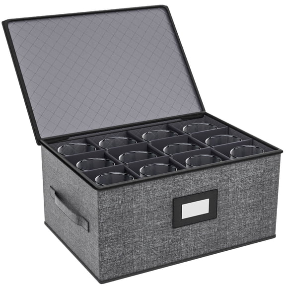 Aokeyee Wine Glass Holder Box with Dividers Glass Storage Containers for 12 Drinkware Hard Shell for Moving Protection Gray