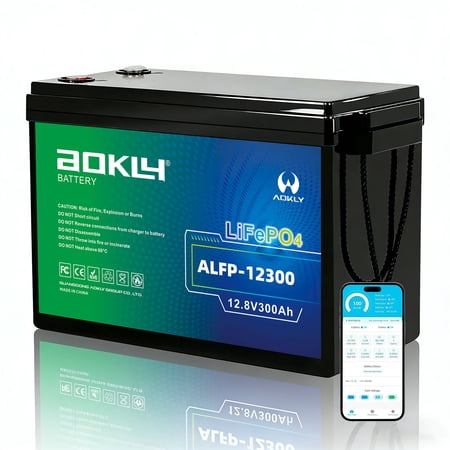 AOKLY 12V 300Ah LiFePO4 Battery with Bluetooth, 200A BMS, 15000+ Deep Cycles, 3840Wh Low-Temp Cut-Off, Lithium Battery for RV Solar Marine TrollingMotor Off-Grid Backup Power Home Energy