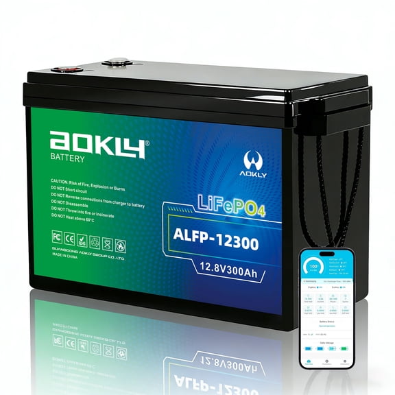 AOKLY 12V 300Ah LiFePO4 Battery with Bluetooth, 200A BMS, 15000+ Deep Cycles, 3840Wh Low-Temp Cut-Off, Lithium Battery for RV Solar Marine TrollingMotor Off-Grid Backup Power Home Energy