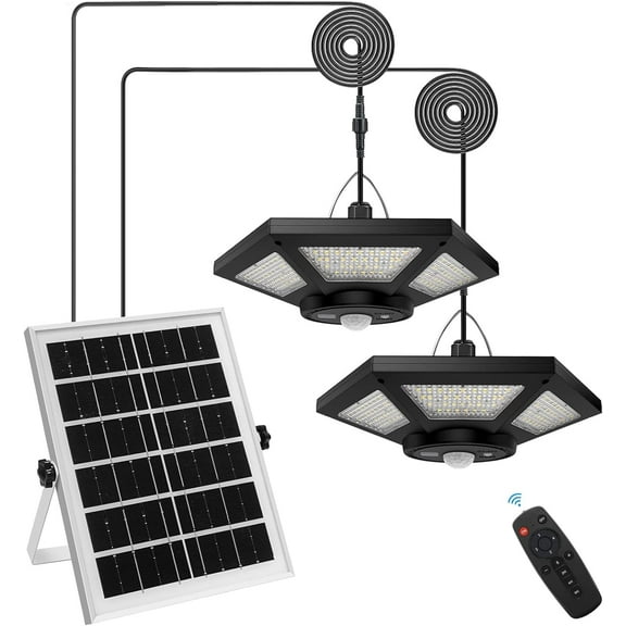 Aoksun  Solar Shed Light  2 Head Indoor Outdoor Work in Daytime with Remote Control, 360° Lighting Waterproof Solar Pendant Light with Motion Sensor/Timer/5 Modes for Home  Garage Barn