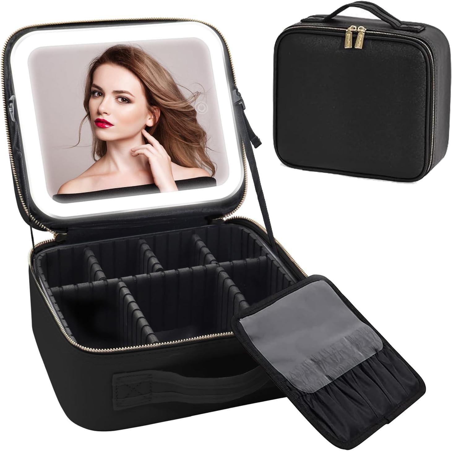 Aokur Makeup Bag with Light and Mirror, Makeup Case Travel Cosmetic Bags Brush Organizer Storage Box, Rechargeable Vanity Mirror with 3 Color Lights, Black