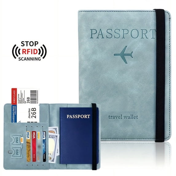 Aokur Passport Holder Cover Wallet RFID Blocking Card Case Travel Document Organizer, Ideal Gift for Men Women Sky Blue
