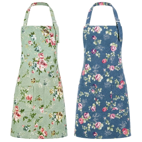 Topekada 2Pack Floral Aprons for Women Adjustable Kitchen Chef Apron With Rose Pattern for Cooking, Baking(Blue)