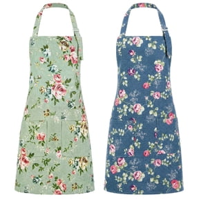 Topekada 2Pack Floral Aprons for Women Adjustable Kitchen Chef Apron With Rose Pattern for Cooking, Baking(Blue)