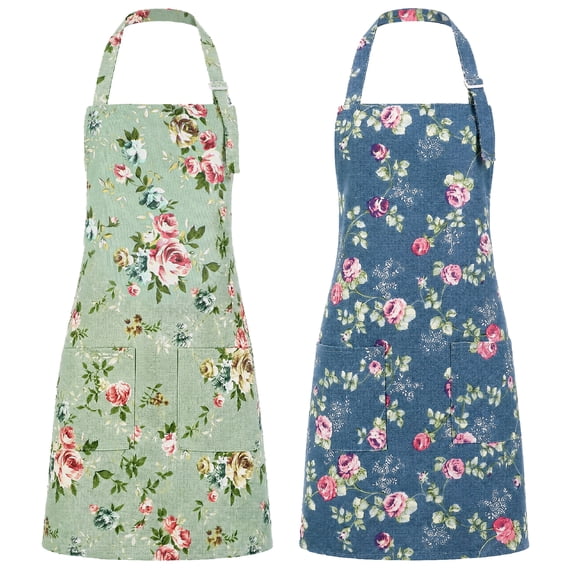 Topekada 2Pack Floral Aprons for Women Adjustable Kitchen Chef Apron With Rose Pattern for Cooking, Baking(Blue)
