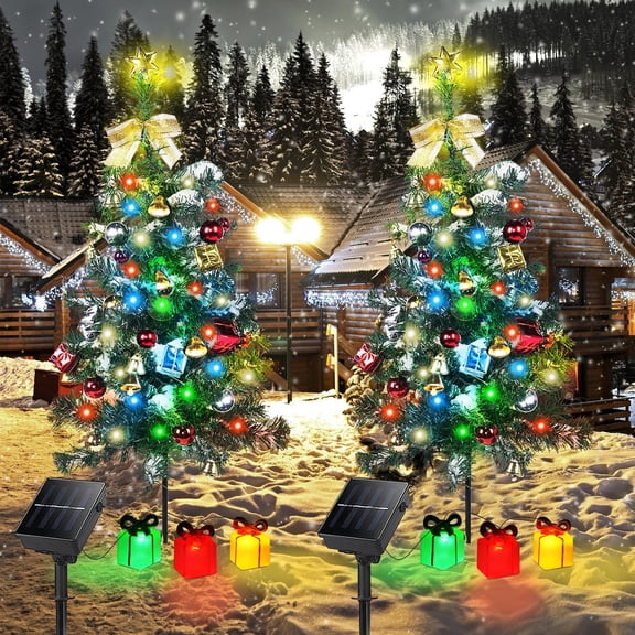 Aollywin Solar Christmas Tree Decor Outdoor Lights 2 Pack with 60 LED 44 Xmas Ornaments 6 Lighted Gift Boxes 8 Modes 30Inch Mini Prelit Christmas Tree for Porch Pathway Yard Grave Cemetery Decor