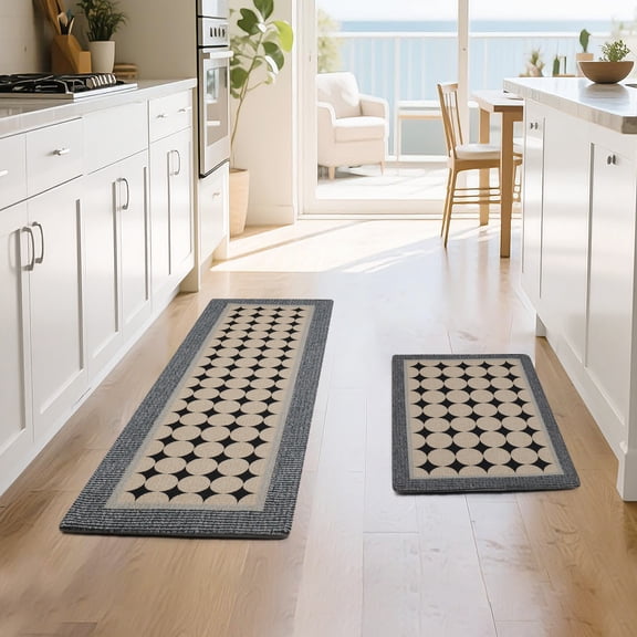 Aoluguya 2-Piece Kitchen Floor Rugs - Non Slip Machine Washable Mats 20x31.5 & 20x59 Made of Soft Absorbent Polyester, Gray & Beige - Geometric Design for Sink Counter Laundry Hallway