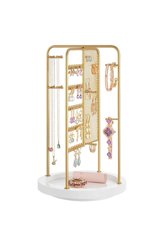 Multi-Layer Detachable 360° Rotating Jewelry Display Stand, Floor-Standing Necklace and Earring Organizer(Gold)