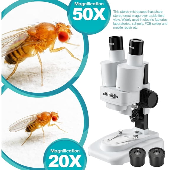 Aomekie® Microscope 20X 50X with 10Pcs Slides Insect Specimen Stereo Microscope with WF eyepieces LED Light Source Portable Stereoscope