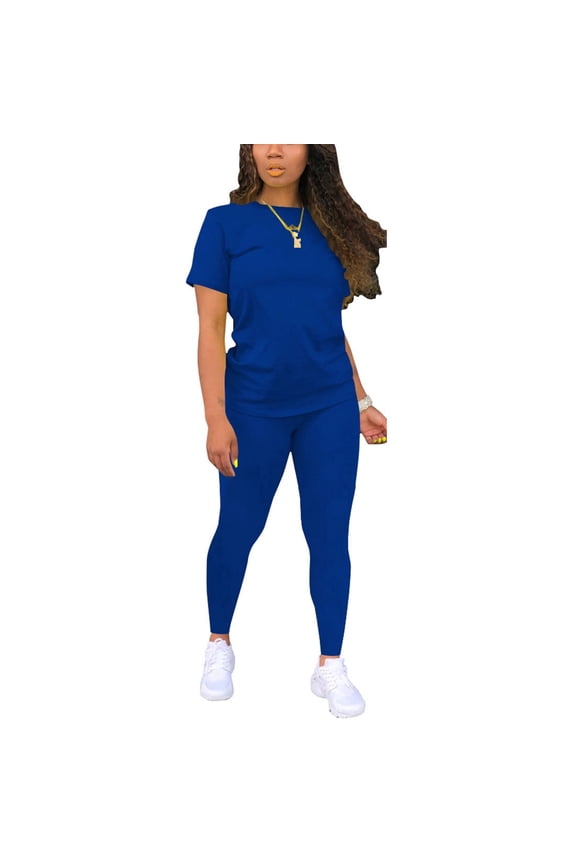 Biker Short Sets Women 2 Piece Outfits Summer Short Sleeve Jogger Tracksuit-2XL-Blue
