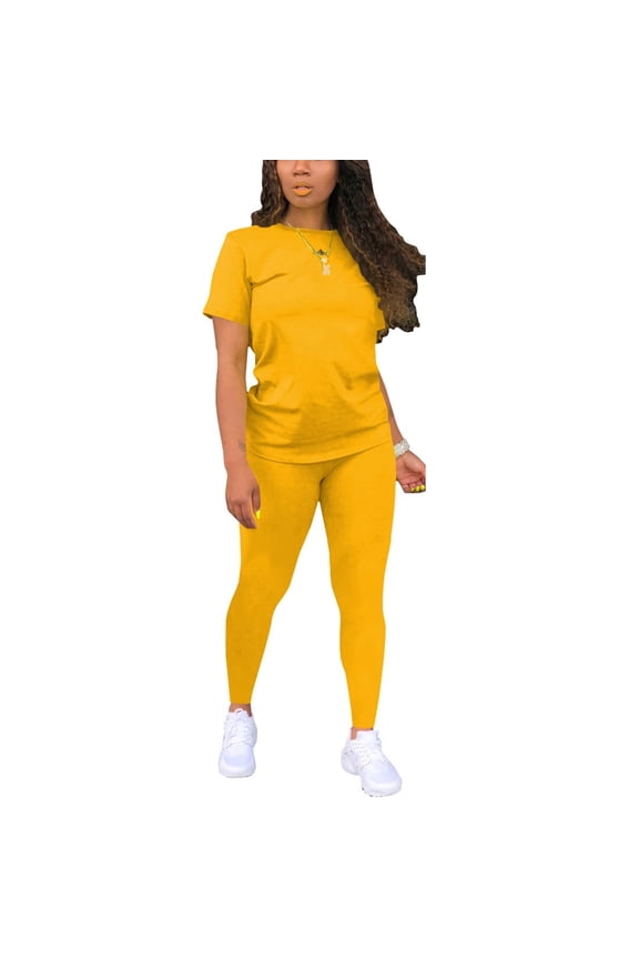 Biker Short Sets Women 2 Piece Outfits Summer Short Sleeve Jogger Tracksuit-L-Yellow
