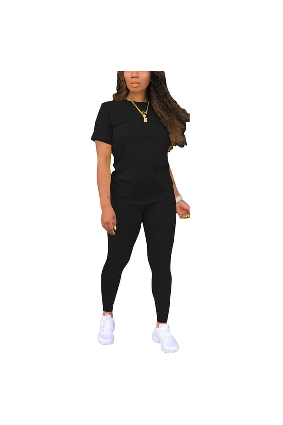 Biker Short Sets Women 2 Piece Outfits Summer Short Sleeve Jogger Tracksuit-S-Black