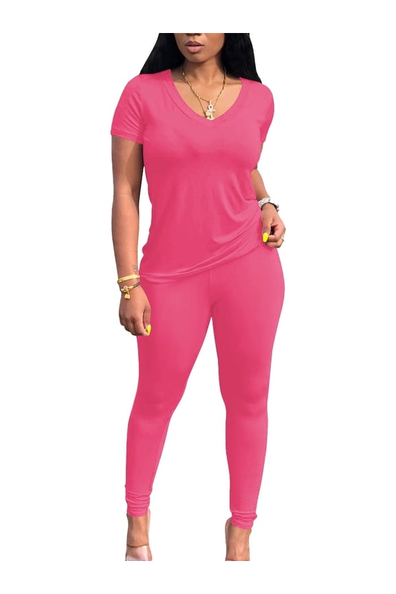 Lounge Sets for Women 2 Piece Summer Casual Jogger Workout Outfits Short Tops Long Pant Sweat suit leggings set-L-Rose Red