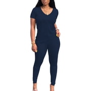 Lounge for Women 2 Piece Summer Casual Jogger Workout Outfits Short Tops Long Pant Sweatsuit leggings set-M-Dark Blue