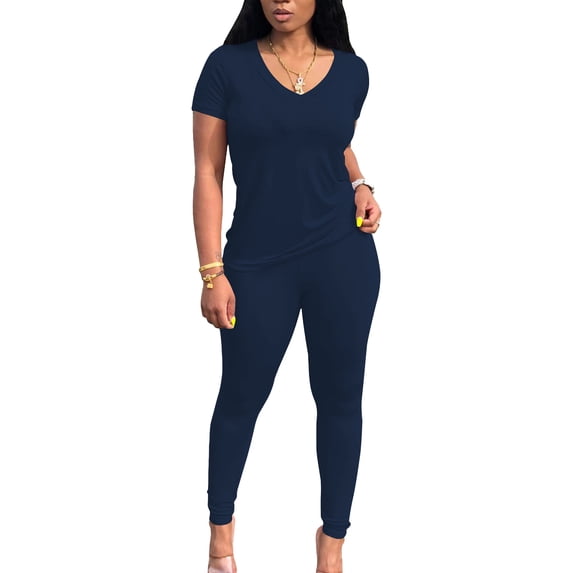 Aomice Lounge for Women 2 Piece Summer Casual Jogger Workout Outfits Short Tops Long Pant Sweatsuit leggings set-M-Dark Blue