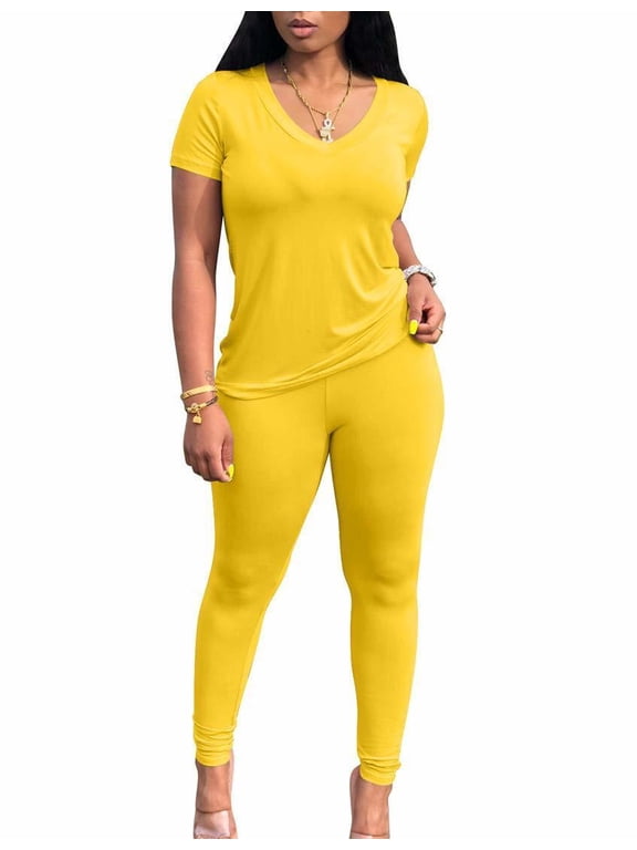 Lounge for Women 2 Piece Summer Casual Jogger Workout Outfits Short Tops Long Pant Sweatsuit leggings set-M-Yellow