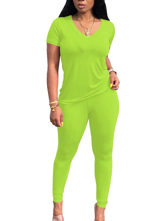 Lounge for Women 2 Piece Summer Casual Jogger Workout Outfits Short Tops Long Pant Sweatsuit leggings set-S-Neon Green