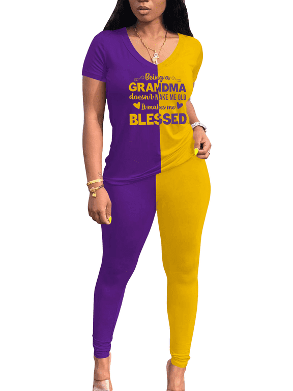 Lounge for Women 2 Piece Summer Casual Jogger Workout Outfits Short Tops Long Pant Sweatsuit leggings set-XXL-Purple Yellow