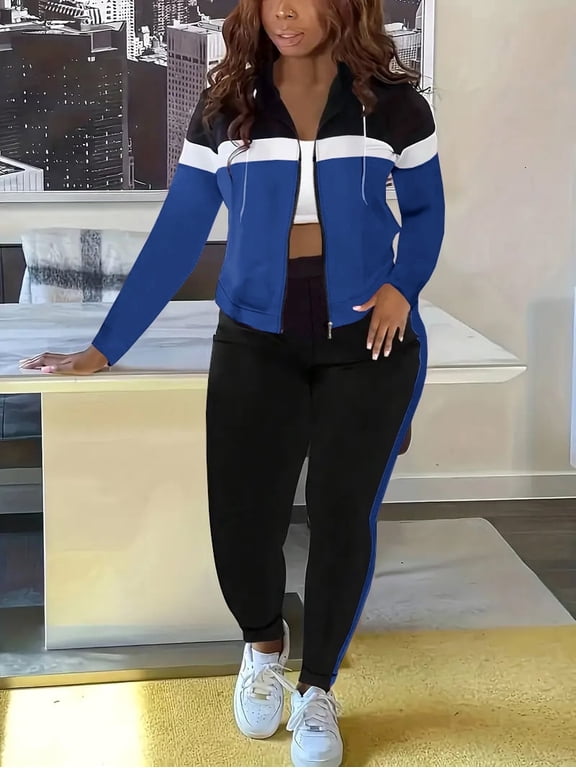 Two Piece Outfits For Women Long Sleeve Lounge Sets Zip Up Tracksuits Jogger Pants Set-Blue-2XL