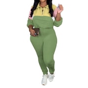 Aomice Two Womens 2 Piece Outfits Lapel Half Zip Long Sleeve Sweatshirts Sweatpants Tracksuit Casual Sweatsuits-Green-XL