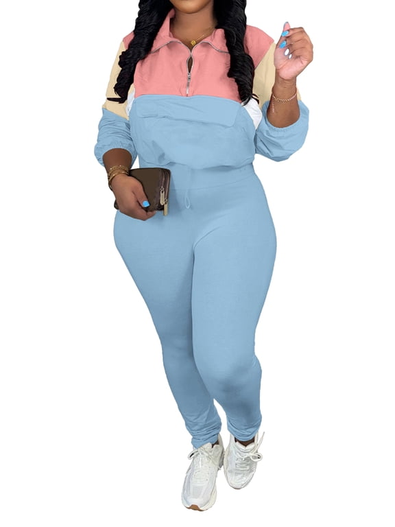 Two Women's 2 Piece Outfits Lapel Half Zip Long Sleeve Sweatshirts Sweatpants Tracksuit Casual Sweatsuits-Pink Blue-2XL