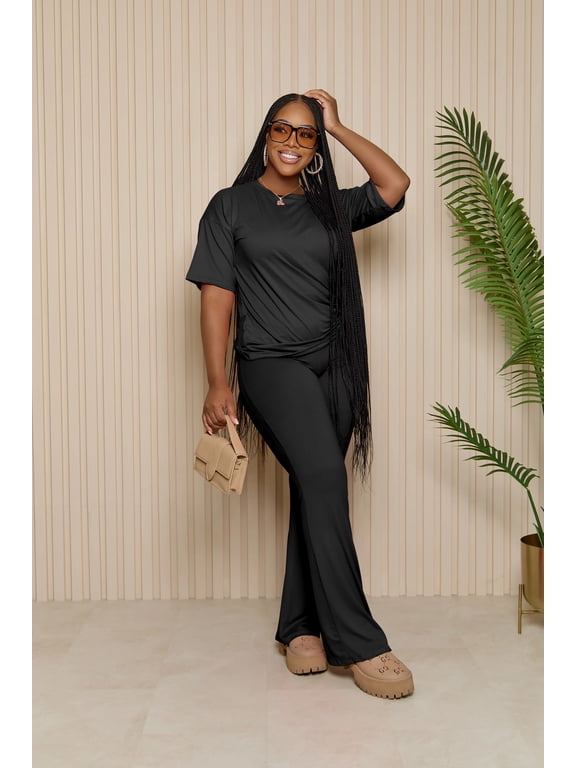 Women 2 Piece Lounge Outfits Short Sleeve Top and Flare Pants Sets Tracksuit Black 2XL