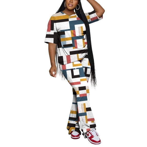 Aomice Women 2 Piece Lounge Outfits Short Sleeve Top and Flare Pants Sets Tracksuit Colorful 2XL