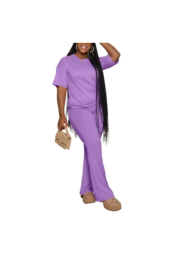 Women 2 Piece Lounge Outfits Short Sleeve Top and Flare Pants Sets Tracksuit Purple XL