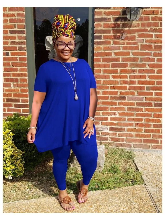 Women Plus Size 2 Piece Outfits Short Sleeve Top and Legging Pant Set Lounge Sets Tracksuit Blue 1XL