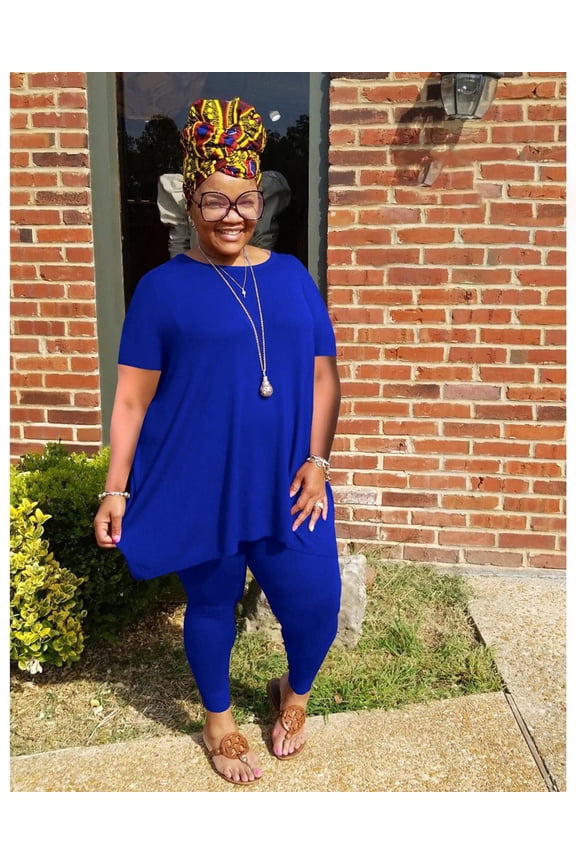 Women Plus Size 2 Piece Outfits Short Sleeve Top and Legging Pant Set Lounge Sets Tracksuit Blue 1XL