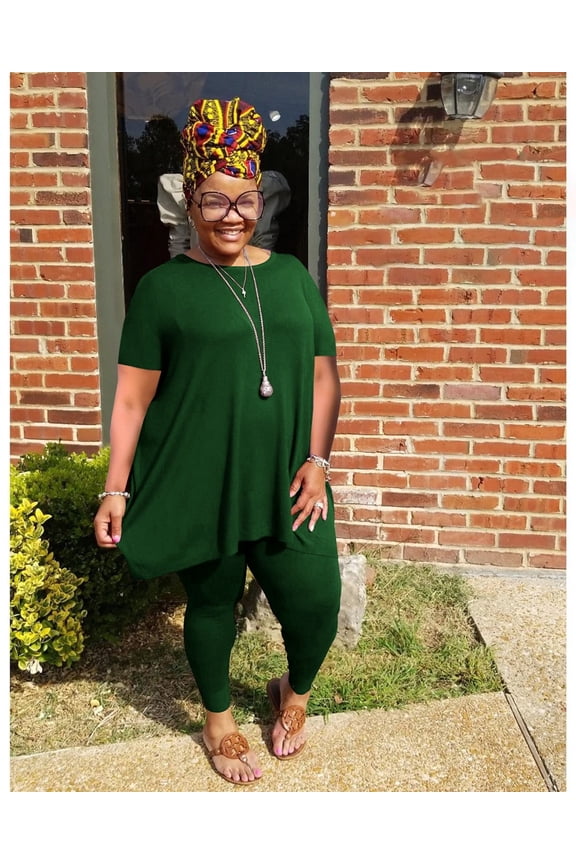 Women Plus Size 2 Piece Outfits Short Sleeve Top and Legging Pant Set Lounge Sets Tracksuit Green 1XL