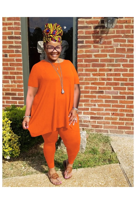 Women Plus Size 2 Piece Outfits Short Sleeve Top and Legging Pant Set Lounge Sets Tracksuit Orange 1XL