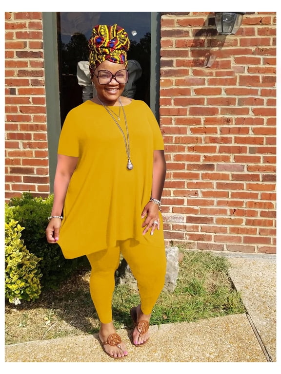 Women Plus Size 2 Piece Outfits Short Sleeve Top and Legging Pant Set Lounge Sets Tracksuit Yellow 1XL