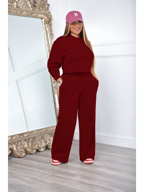 Women's 2 Piece Outfits Sweatsuit Set Long Sleeve Crop Top Drawstring Wide Leg Pants with Pockets Tracksuits Casual Set-Burgundy-L