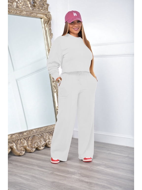 Women's 2 Piece Outfits Sweatsuit Set Long Sleeve Crop Top Drawstring Wide Leg Pants with Pockets Tracksuits Casual Set-White-M
