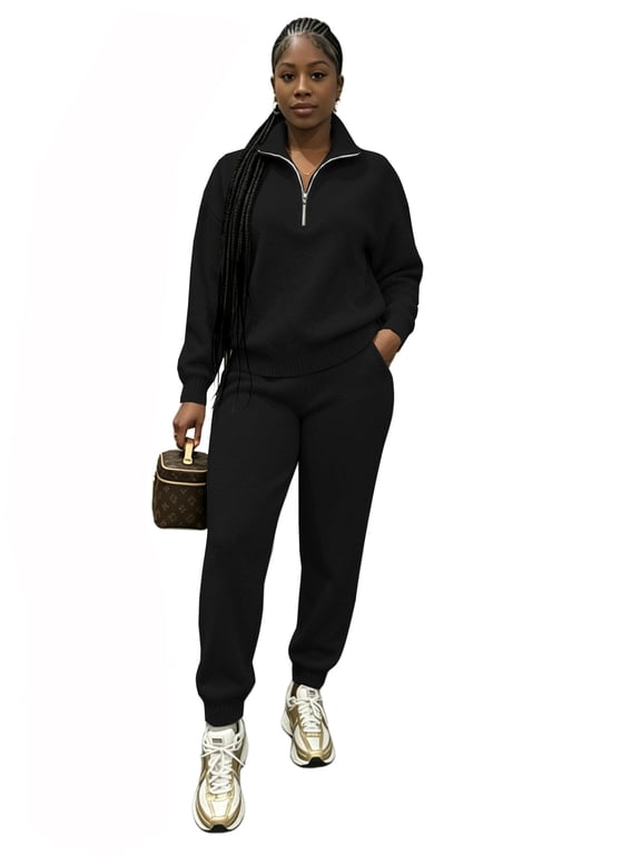 Women's 2 Piece Sweater Set Half-Zip Top Joggers | Medium-weight wool-blend stretch knit, ribbed trim, elastic waist, side pockets, mix-and-match wear-Black-M