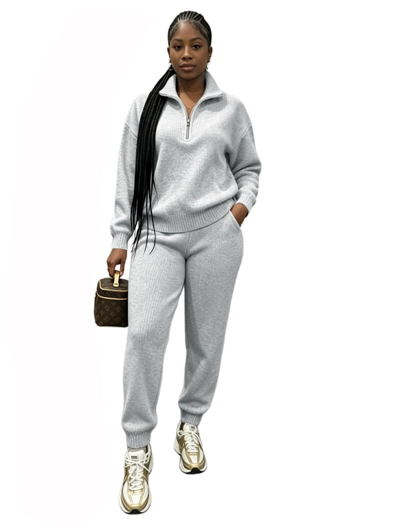 Women's 2 Piece Sweater Set Half-Zip Top Joggers | Medium-weight wool-blend stretch knit, ribbed trim, elastic waist, side pockets, mix-and-match wear-Gray-L