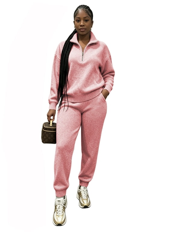 Women's 2 Piece Sweater Set Half-Zip Top Joggers | Medium-weight wool-blend stretch knit, ribbed trim, elastic waist, side pockets, mix-and-match wear-Pink-L