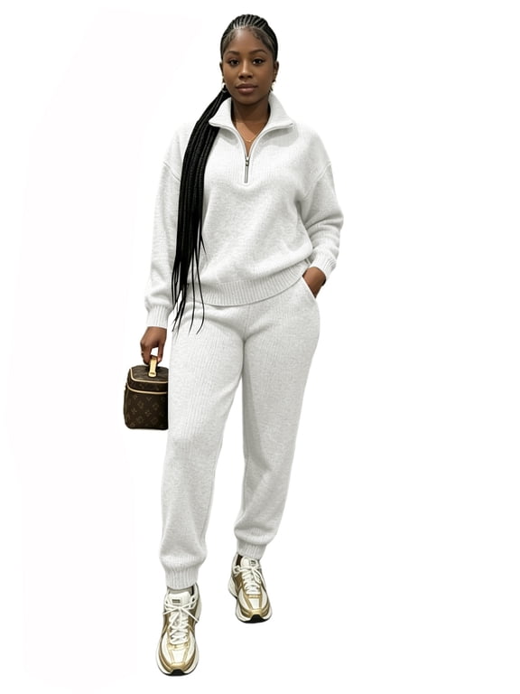 Women's 2 Piece Sweater Set Half-Zip Top Joggers | Medium-weight wool-blend stretch knit, ribbed trim, elastic waist, side pockets, mix-and-match wear-White-XL