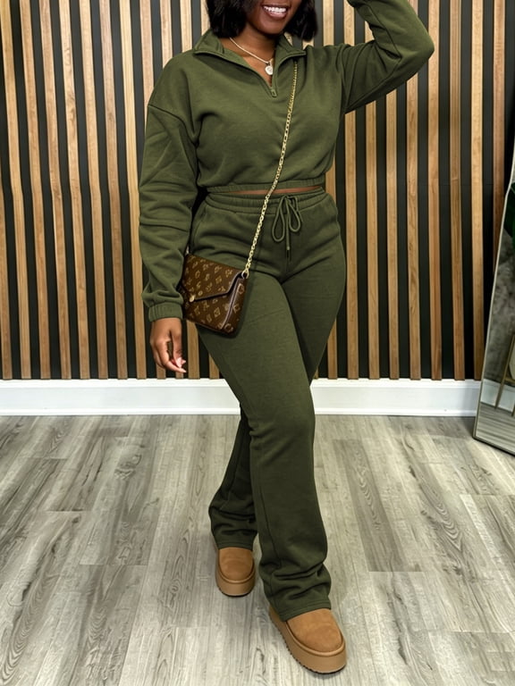 Women's 2 Piece Sweatsuit Half Zip Pullover and Stacked Pants-Army Green-L
