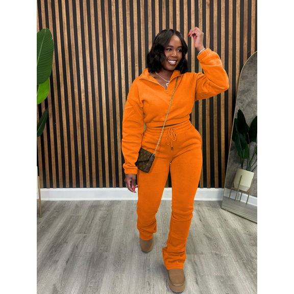 Aomice Women's 2 Piece Sweatsuit Half Zip Pullover and Stacked Pants-Orange-2XL