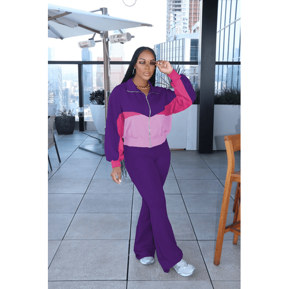 Aomice Women's 2 Piece Tracksuit Set Zip Up Jacket Flare Leg Pants | Color Block Matching Set with Zip Up Jacket and High Waist Flare Pants for Casual, Travel and Everyday Wear-Purple Pink-2XL