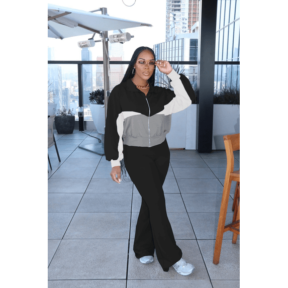 Aomice Women's 2 Piece Tracksuit Set Zip Up Jacket Flare Leg Pants | Color Block Matching Set with Zip Up Jacket and High Waist Flare Pants for Casual, Travel and Everyday Wear-Black Gray-2XL