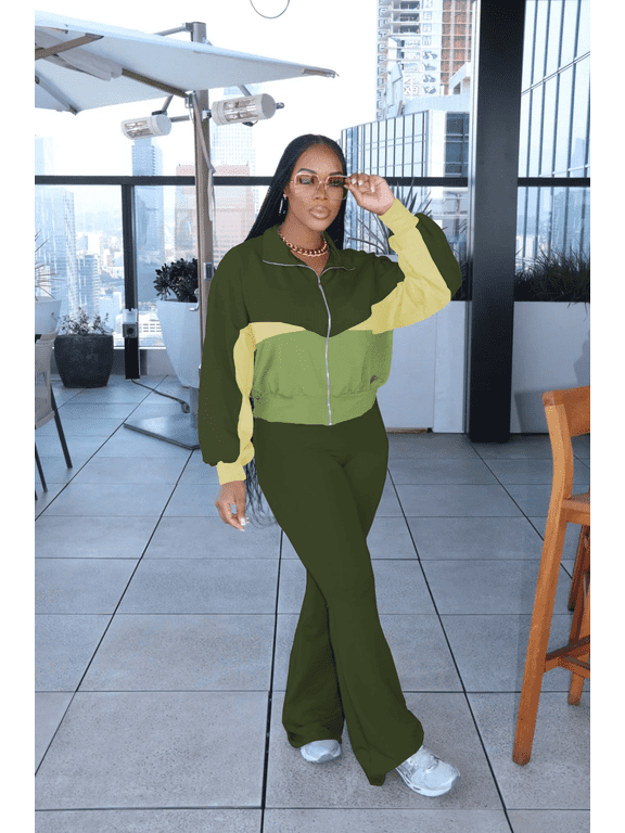 Women's 2 Piece Tracksuit Set Zip Up Jacket Flare Leg Pants | Color Block Matching Set with Zip Up Jacket and High Waist Flare Pants for Casual, Travel and Everyday Wear-Green-XL