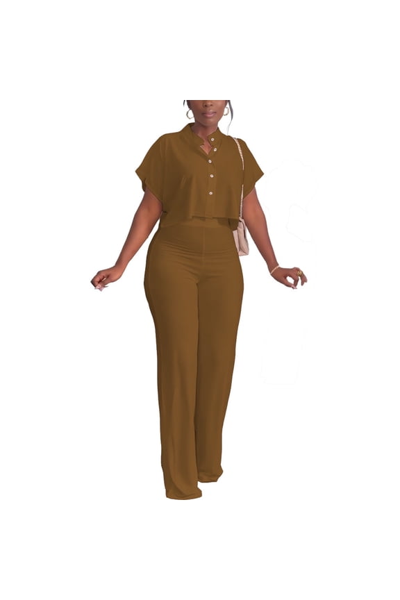 Women's Summer 2 Piece Outfits Casual Tracksuit Short Sleeve Button Down Crop Top Wide Leg Long Pant Lounge Sets-L-Coffee
