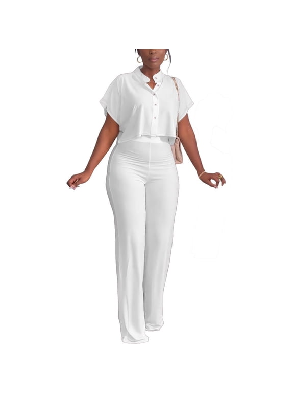 Women's Summer 2 Piece Outfits Casual Tracksuit Short Sleeve Button Down Crop Top Wide Leg Long Pant Lounge Sets-XL-White